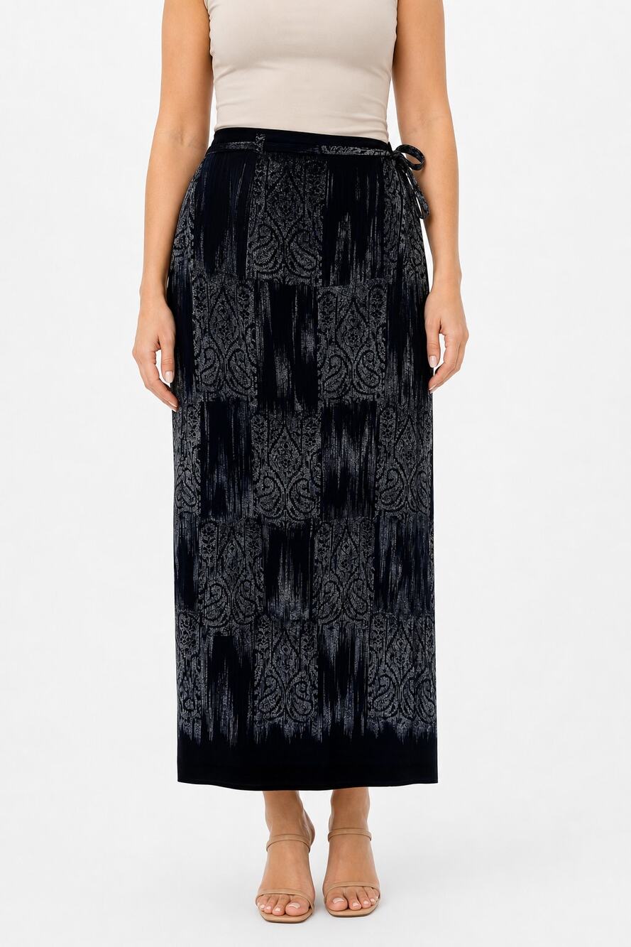 Company Ellen Tracy 100% Silk Faux Wrap Maxi Straight Skirt Navy Paisley Size 12